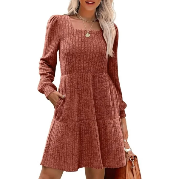 QINCAO Women's Long Sleeve Babydoll Sweater Dress with Pockets