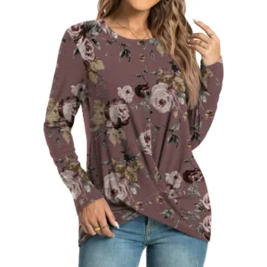 Women’s Long Sleeve Tunic Top with Front Twist, Casual Round Neck