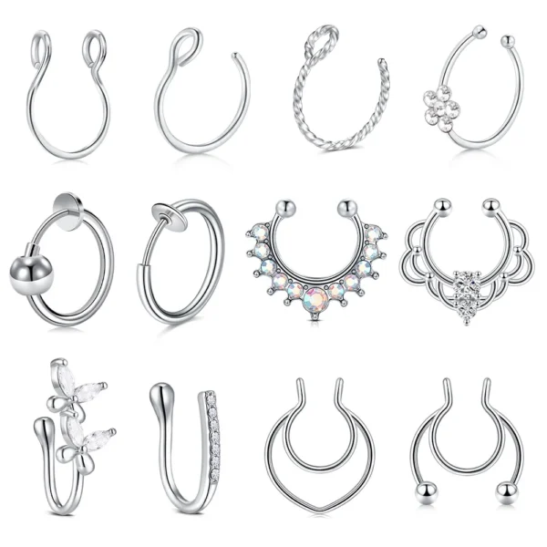 12PCS Faux Nose & Septum Ring Set, Non-Pierced Jewelry