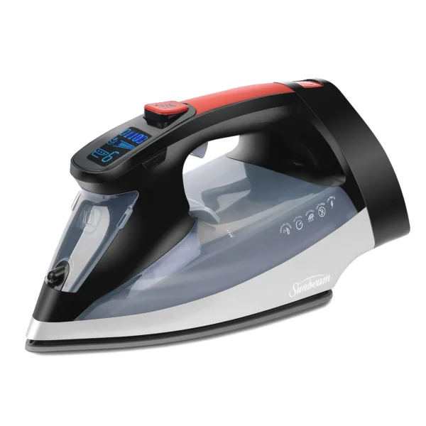 Sunbeam 1700W Digital Steam Iron, Retractable Cord, LCD Display - Black/Red