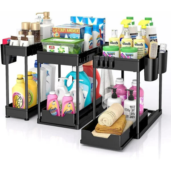 3-Pack 2-Tier Under Sink Organizer with Pull-Out Drawers, Hooks & Cups