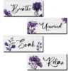 CELIVESGG 4 Pieces Bathroom Wall Decor, Purple Flower Wooden Hanging