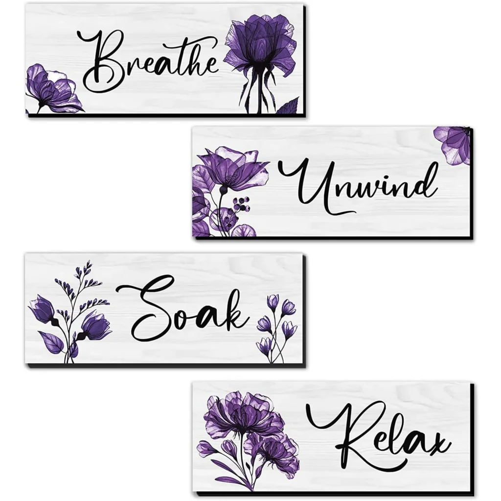 CELIVESGG 4 Pieces Bathroom Wall Decor, Purple Flower Wooden Hanging