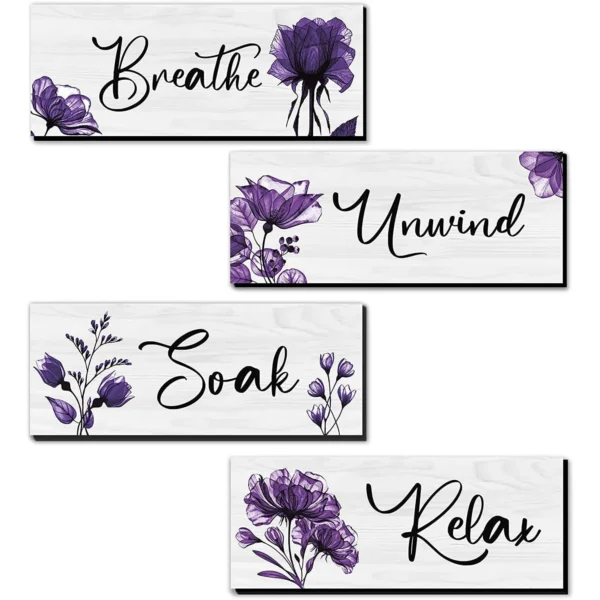 CELIVESGG 4 Pieces Bathroom Wall Decor, Purple Flower Wooden Hanging