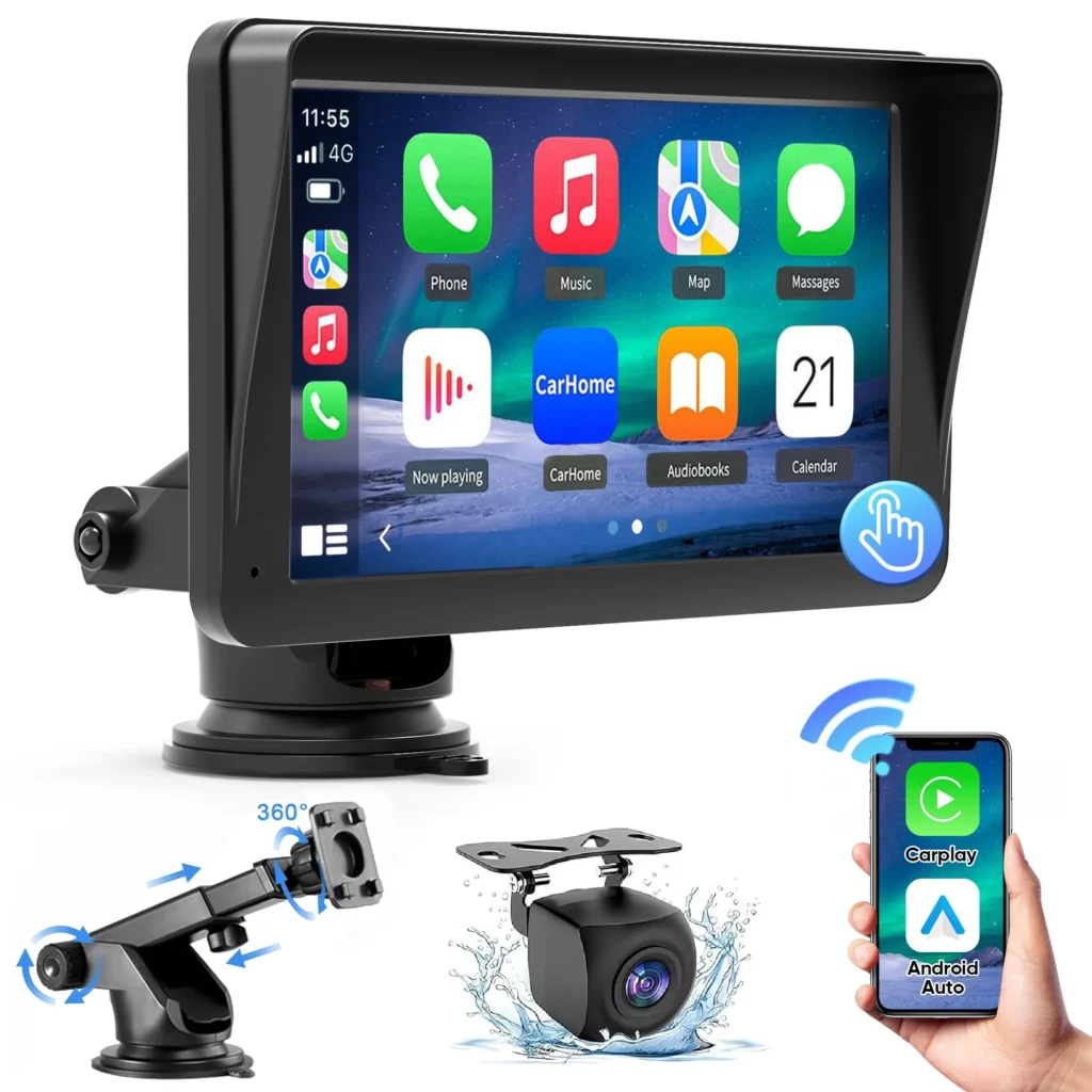 DR. J 7'' Wireless Apple CarPlay Car Stereo – Universal Fit, GPS Navigation, 1080P Rear Camera