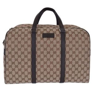 Gucci Large GG Logo Beige Canvas Duffle Bag, Brown Leather Strap