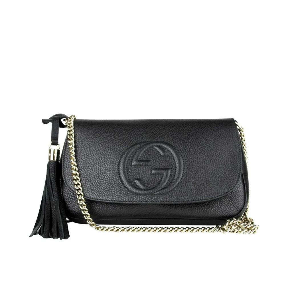 Gucci Interlocking GG Black Leather Shoulder Bag, Chain Strap