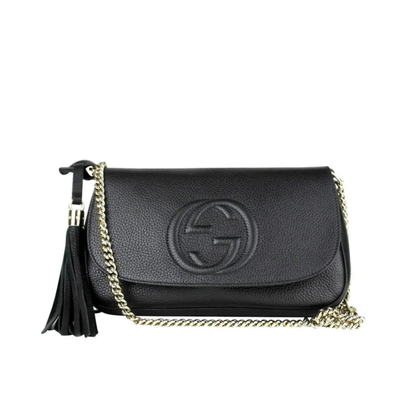 Gucci Interlocking GG Black Leather Shoulder Bag, Chain Strap