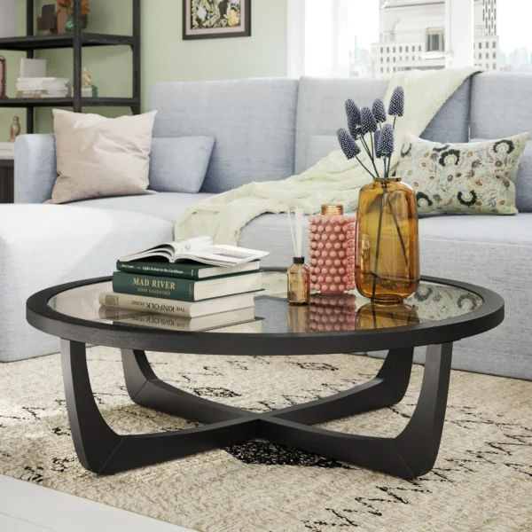 Drew Barrymore Rattan & Glass Coffee Table - Rich Black Wood Frame