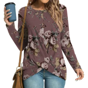 Women’s Long Sleeve Tunic Top with Front Twist, Casual Round Neck