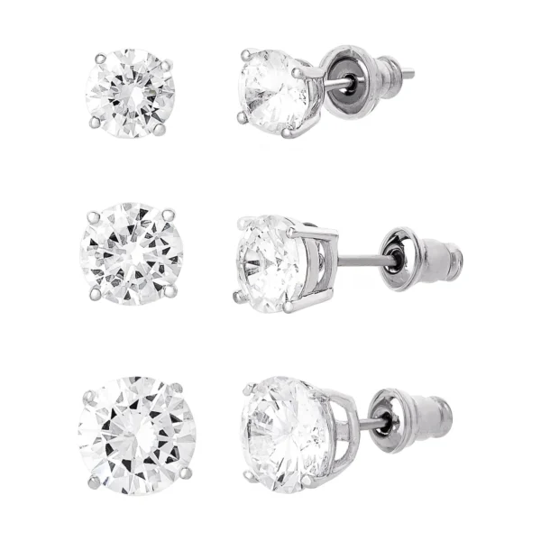Believe by Brilliance Cubic Zirconia Stud Earrings - 3-Pack Fine Silver Plated