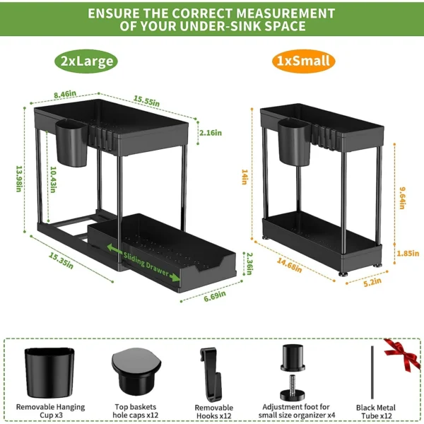 3-Pack 2-Tier Under Sink Organizer with Pull-Out Drawers, Hooks & Cups