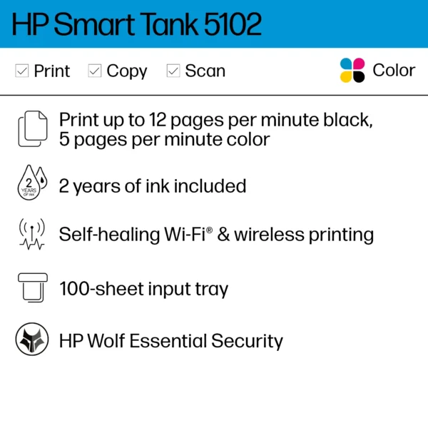 HP Smart Tank 5102 Wireless All-in-One Printer – Reliable, Cost-Effective Printing