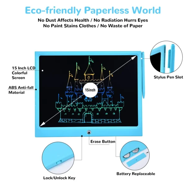 LCD Writing Tablet, Cimetech 15-Inch Colorful Screen Drawing Pad – Educational & Fun Doodle Board for Kids, Ideal Back-to-School Gift – Blue