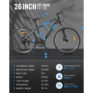 Kistp 350W Electric Mountain Bike - 26'' with Hidden Battery & Shimano 7-Speed