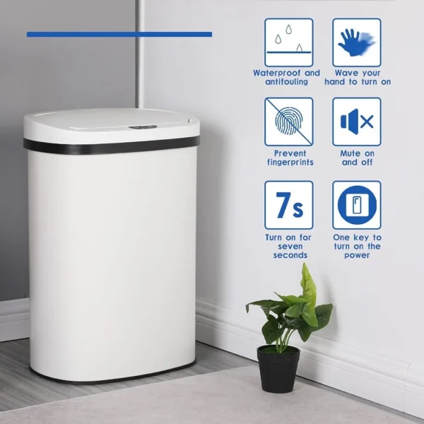 BestOffice 13 Gal Touchless Motion Sensor Trash Can, Stainless Steel, White