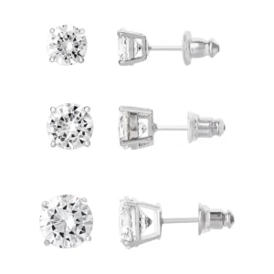 Believe by Brilliance Cubic Zirconia Stud Earrings - 3-Pack Fine Silver Plated