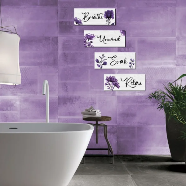 CELIVESGG 4 Pieces Bathroom Wall Decor, Purple Flower Wooden Hanging