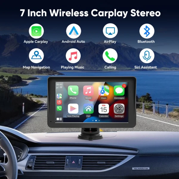 DR. J 7'' Wireless Apple CarPlay Car Stereo – Universal Fit, GPS Navigation, 1080P Rear Camera