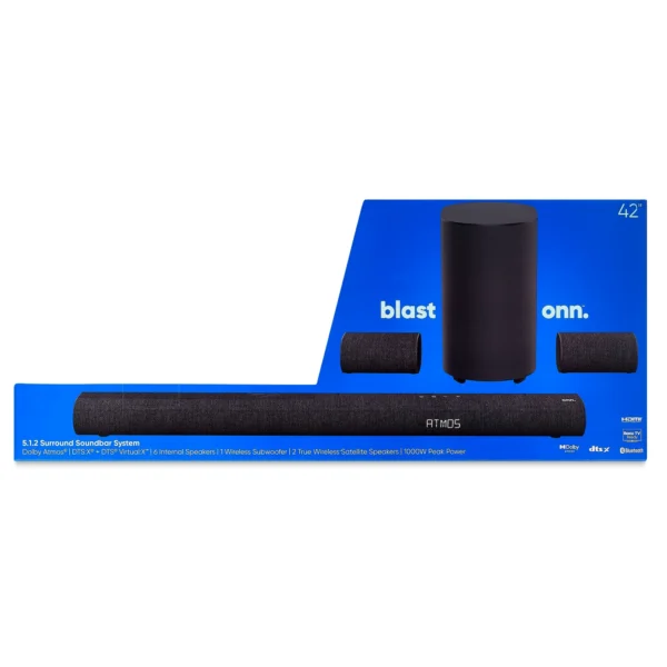 onn. 5.1.2 Surround Soundbar with Dolby Atmos, Wireless Subwoofer, and True Wireless Satellite Speakers, 42"