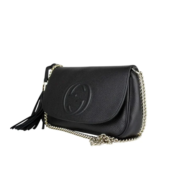 Gucci Interlocking GG Black Leather Shoulder Bag, Chain Strap