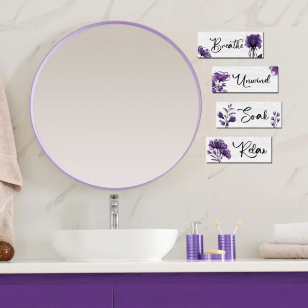CELIVESGG 4 Pieces Bathroom Wall Decor, Purple Flower Wooden Hanging