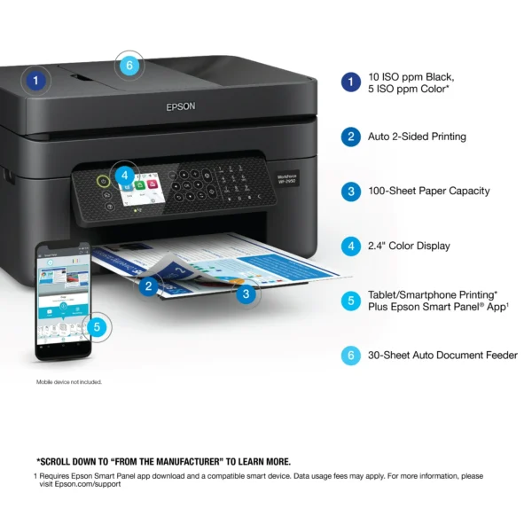 Epson WorkForce WF-2950 All-in-One Wireless Color Printer with Scanner, Copier, and Fax