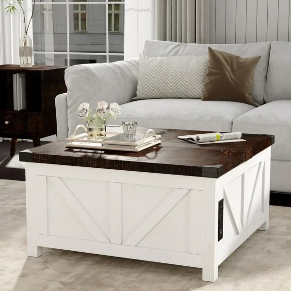 ChVans 35.6" Square Lift-Top Coffee Table - Farmhouse Style with Storage & Charging  Ports