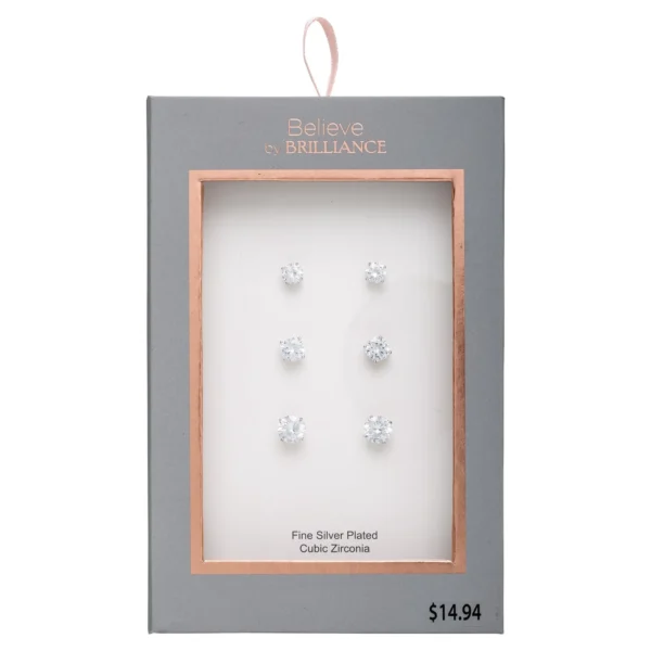 Believe by Brilliance Cubic Zirconia Stud Earrings - 3-Pack Fine Silver Plated