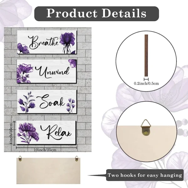CELIVESGG 4 Pieces Bathroom Wall Decor, Purple Flower Wooden Hanging