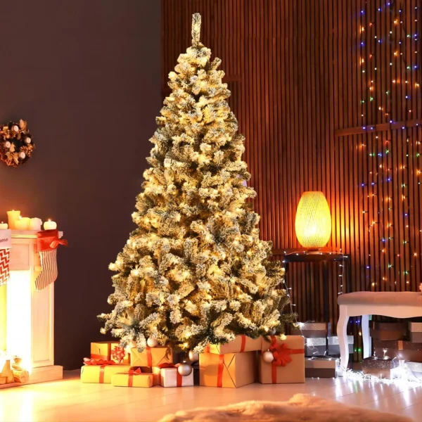 HONGGE 6 ft Pre-Lit Snow-Flocked Christmas Tree with 250 Lights