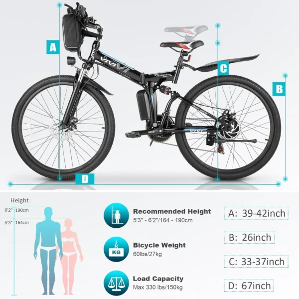 Vivi 500W Folding Electric Mountain Bike - 26'', Full Suspension, 21 Speed, 48V Battery