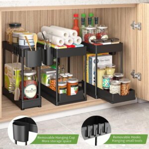 3-Pack 2-Tier Under Sink Organizer with Pull-Out Drawers, Hooks & Cups