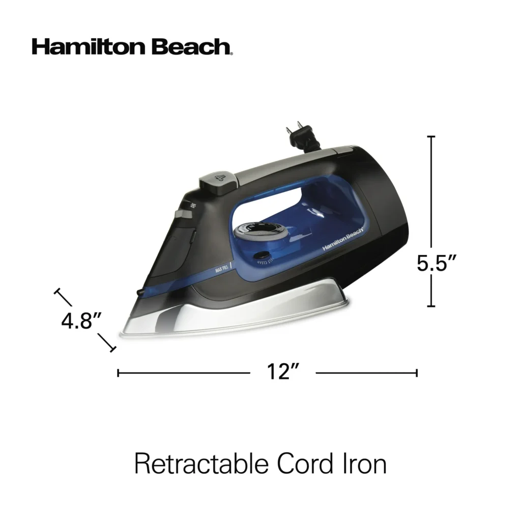 Hamilton Beach Retractable Cord Iron, Black, Stainless Steel Soleplate, Model 14290