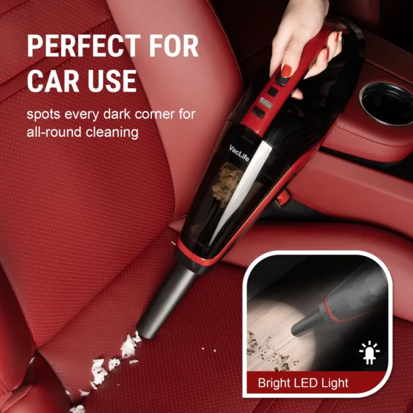 VacLife Cordless Handheld Vacuum, Car Vacuum Cleaner Rechargeable with Motorized Brush, LED Light, Red (VL726)