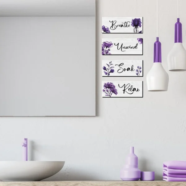 CELIVESGG 4 Pieces Bathroom Wall Decor, Purple Flower Wooden Hanging