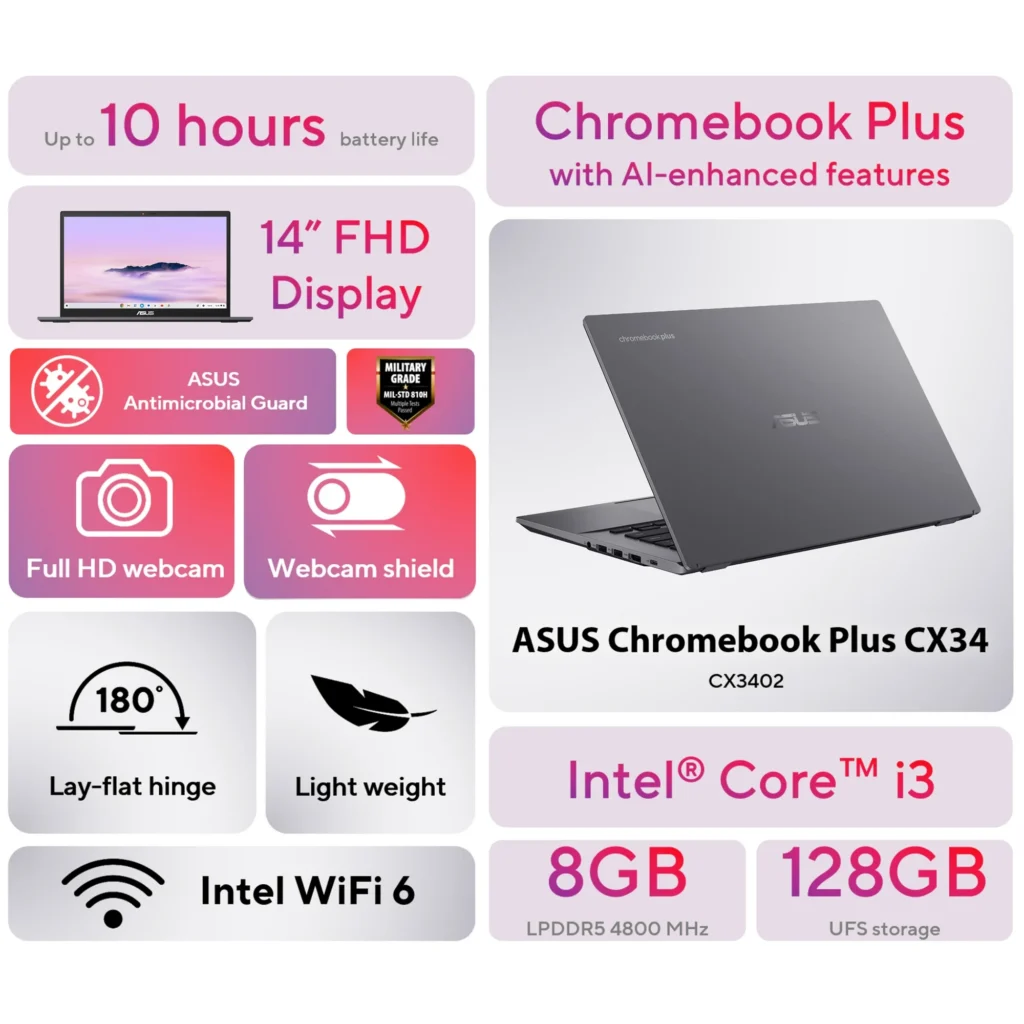 ASUS Chromebook Plus CX34 – 14'' Touchscreen, Intel Core i3, 8GB RAM, 128GB Storage, Gray