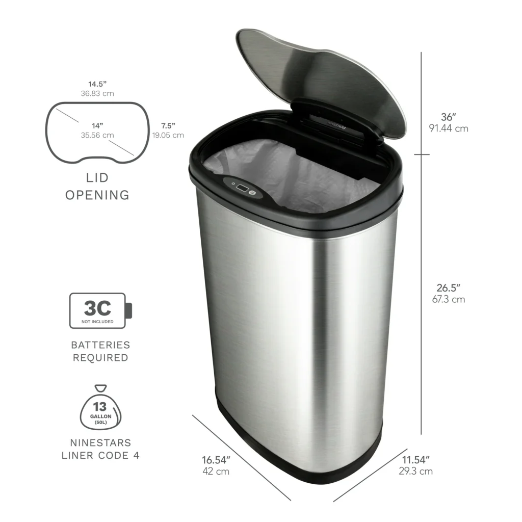 Keep your space clean with the Nine Stars 13.2 Gallon Motion Sensor Trash Can. Hands-free, stainless steel design with a modern touch for any room.