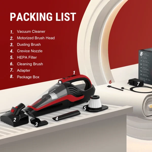 VacLife Cordless Handheld Vacuum, Car Vacuum Cleaner Rechargeable with Motorized Brush, LED Light, Red (VL726)