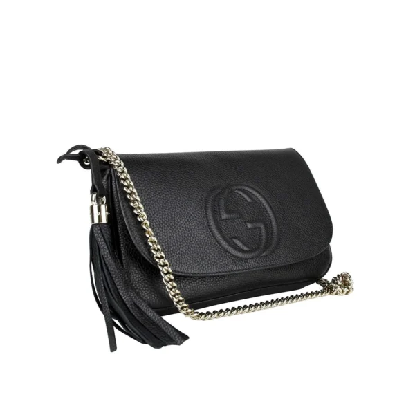 Gucci Interlocking GG Black Leather Shoulder Bag, Chain Strap