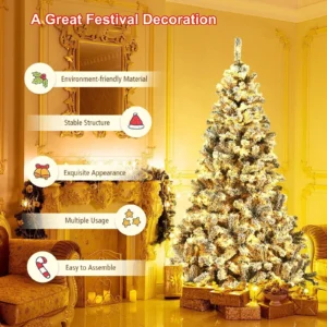 HONGGE 6 ft Pre-Lit Snow-Flocked Christmas Tree with 250 Lights