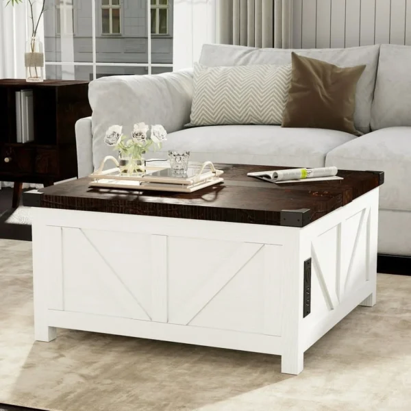 ChVans 35.6" Square Lift-Top Coffee Table - Farmhouse Style with Storage & Charging